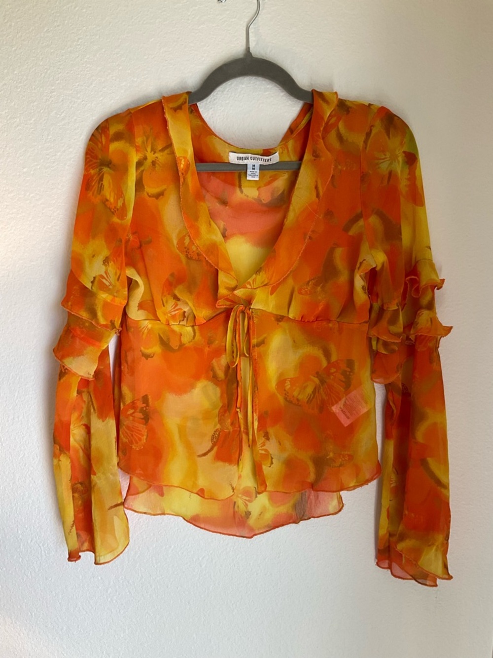 Urban Outfitters Y2K Orange/Yellow Sheer Butterfly Print Flutter Top Tie-Front
